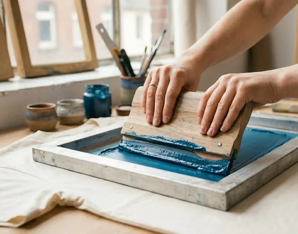 Nachhaltige T-Shirts handbedruckt im Siebdruck-Verfahren – Vis Wear Atelier Backstage Einblick – Eco-Fashion Produktion