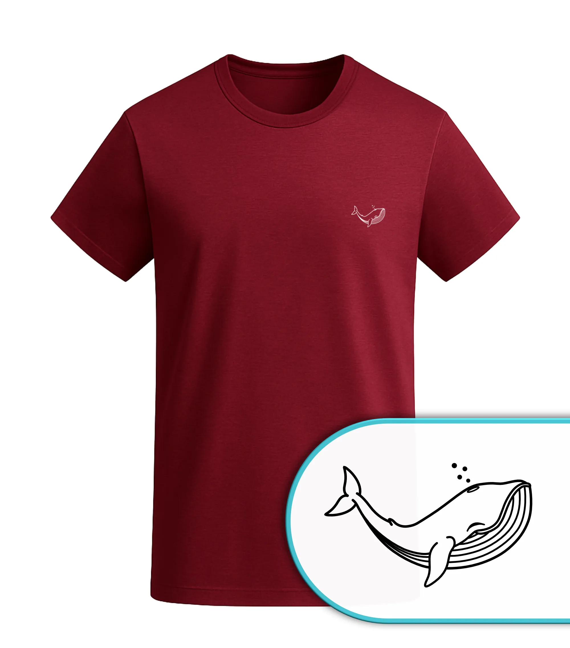 Nachhaltiges Burgundy Rot Weinrot Unisex T-Shirt mit Wal der Ozeane Print – Bio-Baumwolle Eco-Fashion von Vis Wear – Wal der Liebe Design