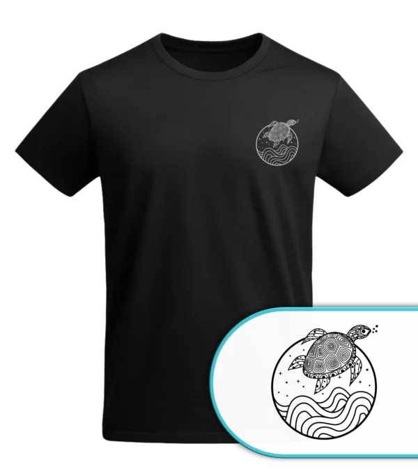 Schwarzes T-Shirt mit Schildkröte im Ozean der Wellen – Vis Wear Organic Surf Style Turtle Design Lupe