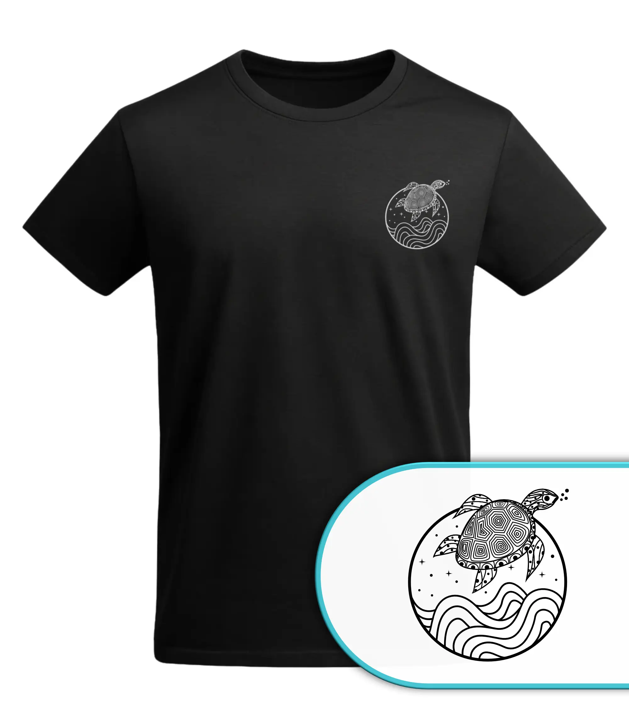 Schwarzes T-Shirt mit Schildkröte im Ozean der Wellen – Vis Wear Organic Surf Style Turtle Design Lupe