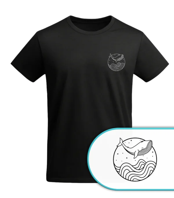 Wal im Ozean der Wellen Unisex T-Shirt – Nachhaltige Vis Wear Mode aus Bio-Baumwolle – Whale under Stars Design schwarz