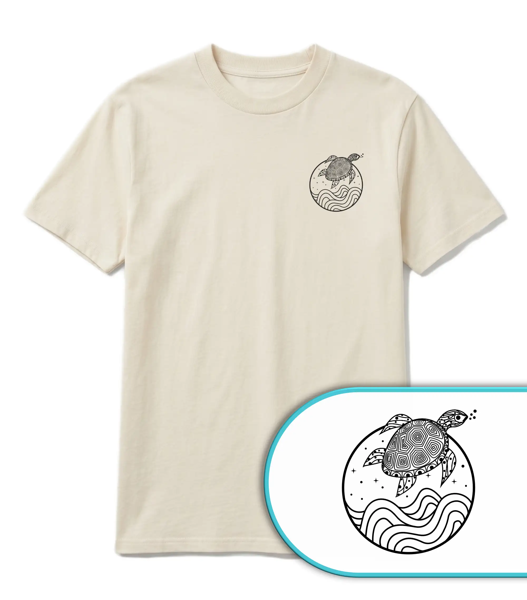 unisex-organic-shirt-Schildkröte-lifestyle-ocean-life Frontansicht des Unisex Pure Natural Organic Shirts mit Schildkröte-Design aus 100% Bio-Baumwolle.