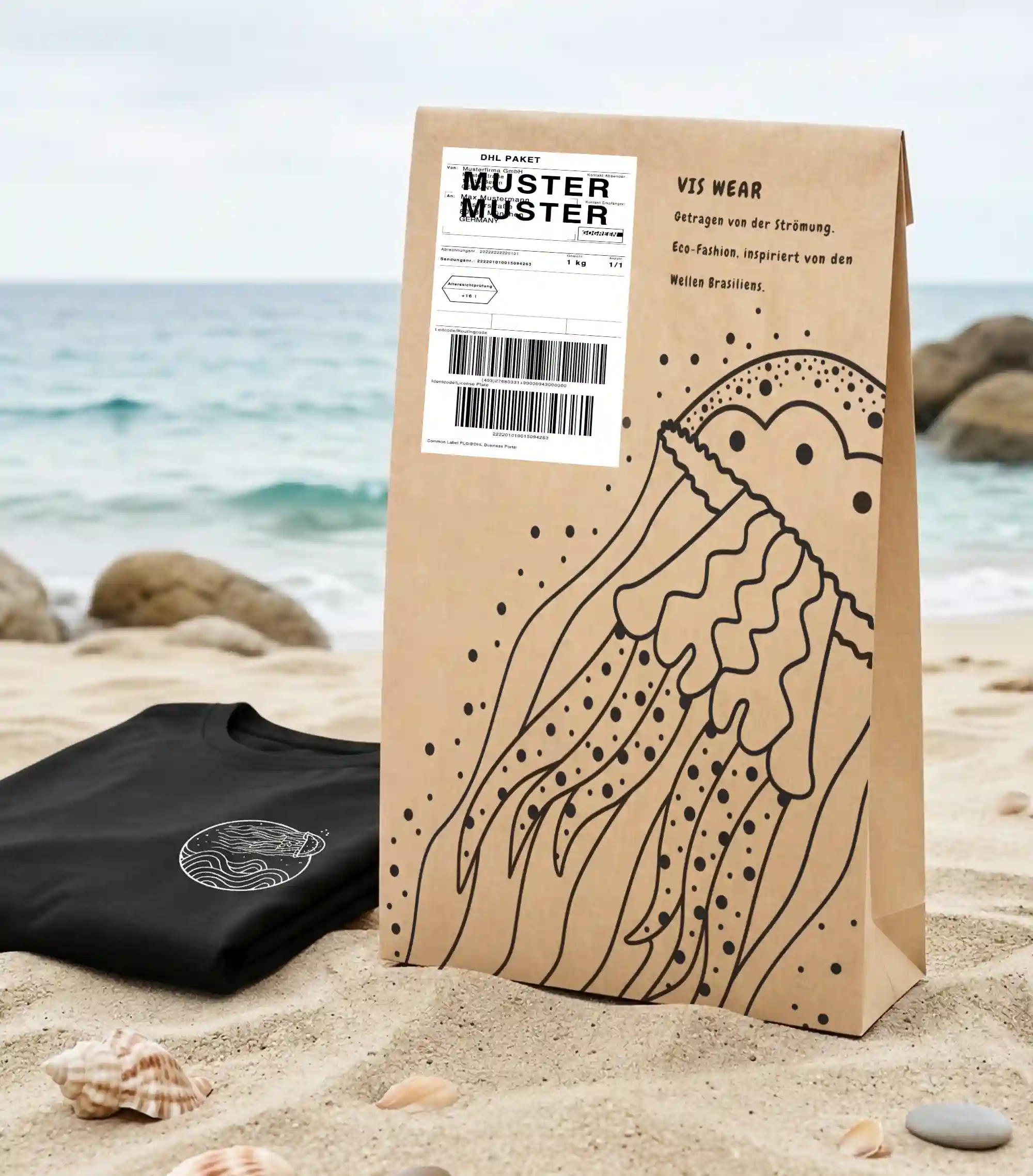 Nachhaltige Verpackung aus Papier von Vis Wear – Plastikfreier Versand für Eco-Fashion mit Quallen-Design